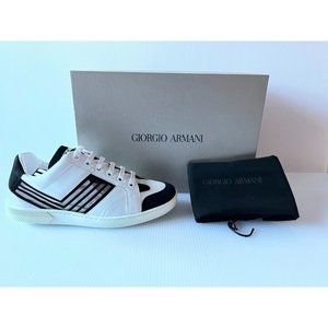 Giorgio Armani White/Black Leather Lace-Up Sneakers, Size 7 (US) 37 (EU) $775